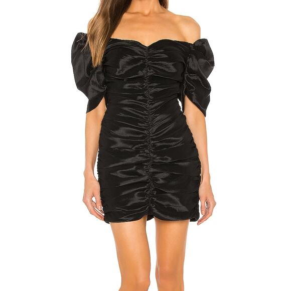NWT Bardot Off Shoulder "Issey" Black Ruched Satin Evening Mini Dress Size XS 4 - Picture 1 of 8